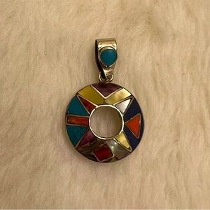 Vtg Peruvian 950 Sterling silver Multi Gemstone Inca Inlay Pendant